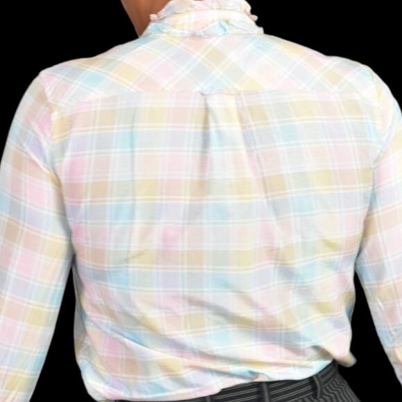 J Crew Shirt Pink Voile Ruffle Neck Pastel Plaid Classic Top Button Front Size 0 - Picture 5 of 13